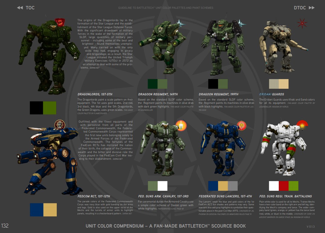 Unit colors. Battletech цветовые схемы. Battletech Unit Color Compendium 2.0. Дом Ляо Battletech. Эриданская легкая кавалерия Battletech.